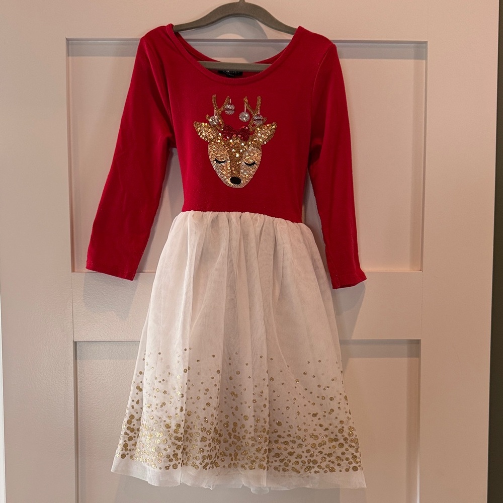 Zunie Red Dress with White and Gold Details and a Reindeer. Christmas, Santa.